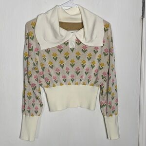 Cottagecore Coquette Sailor Collar Floral Cropped Sweater Spring Size L